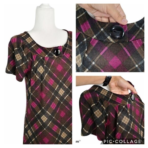 AGB Plaid Pink Brown Black Sheath Dress Crew Neck Short Sleeve Button Women’s 6 - Picture 9 of 13